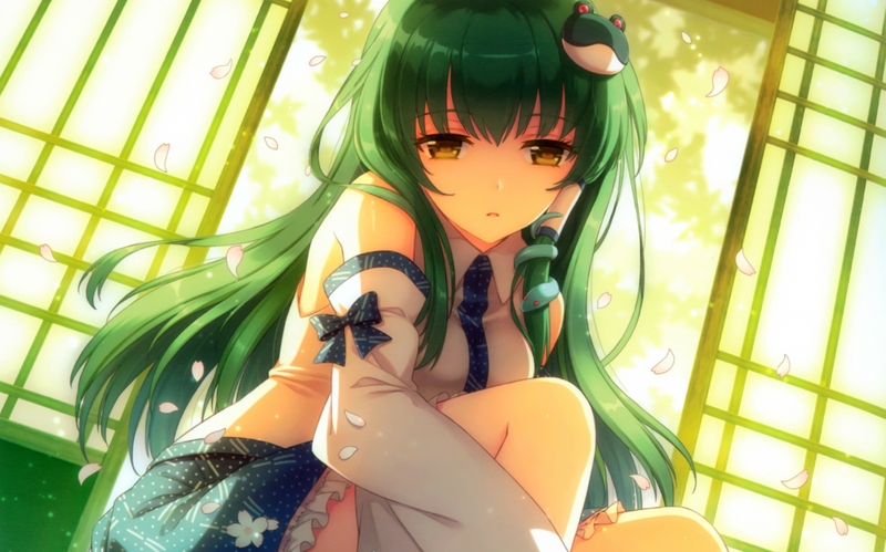 Задумчивая аниме девушка с зелеными волосами